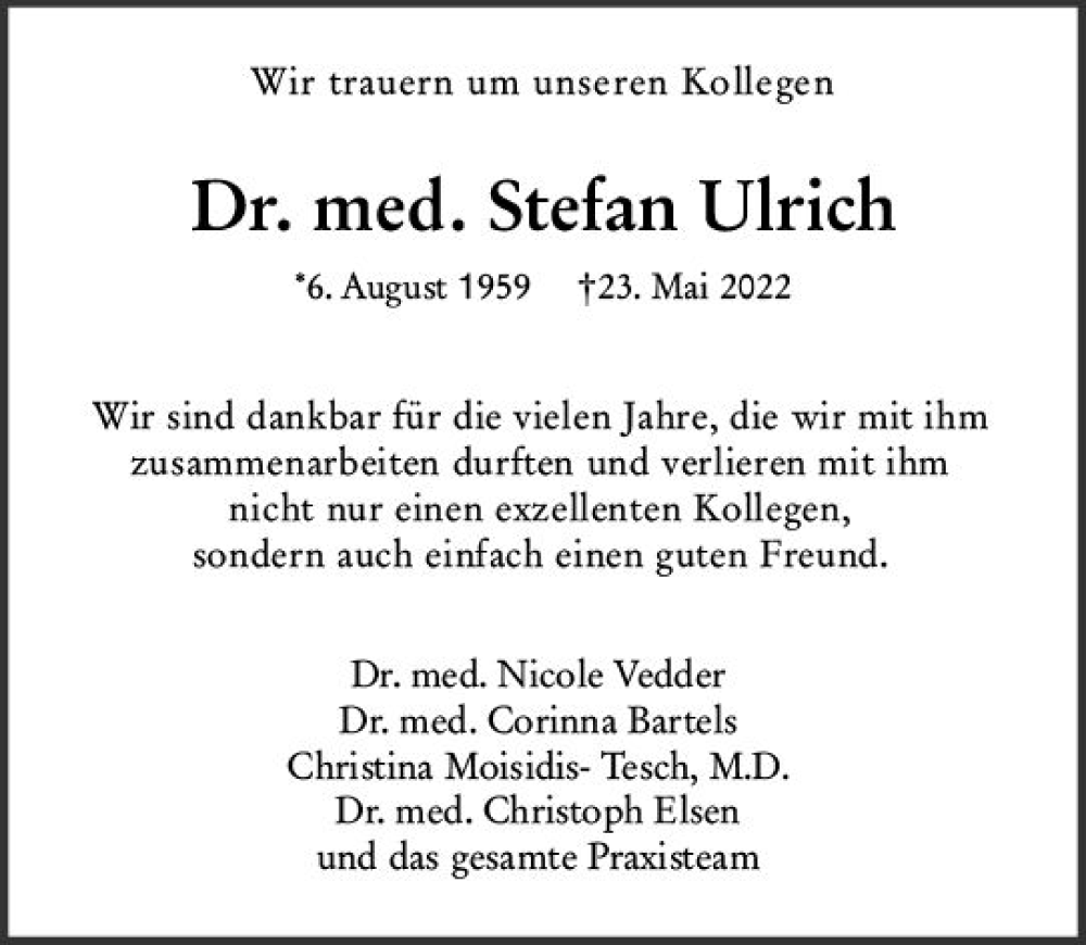  Traueranzeige für Stefan Ulrich vom 04.06.2022 aus vrm-trauer Wiesbadener Kurier