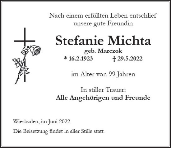Traueranzeige von Stefanie Michta von vrm-trauer Wiesbadener Kurier