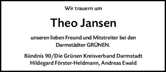 Traueranzeige von Theo Jansen von vrm-trauer Darmstädter Echo