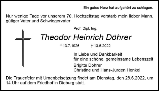 Traueranzeige von Theodor Heinrich Döhrer von vrm-trauer DieburgerAnzeiger/Groß-Zimmerner Lokala