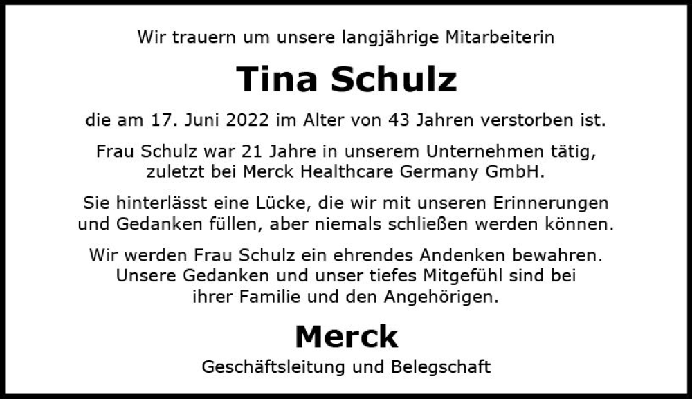  Traueranzeige für Tina Schulz vom 23.06.2022 aus vrm-trauer Darmstädter Echo