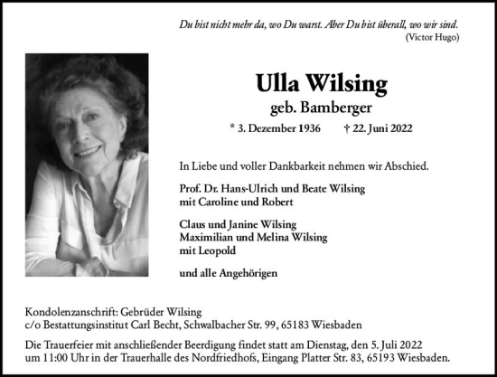 Traueranzeige von Ulla Wilsing von vrm-trauer Wiesbadener Kurier