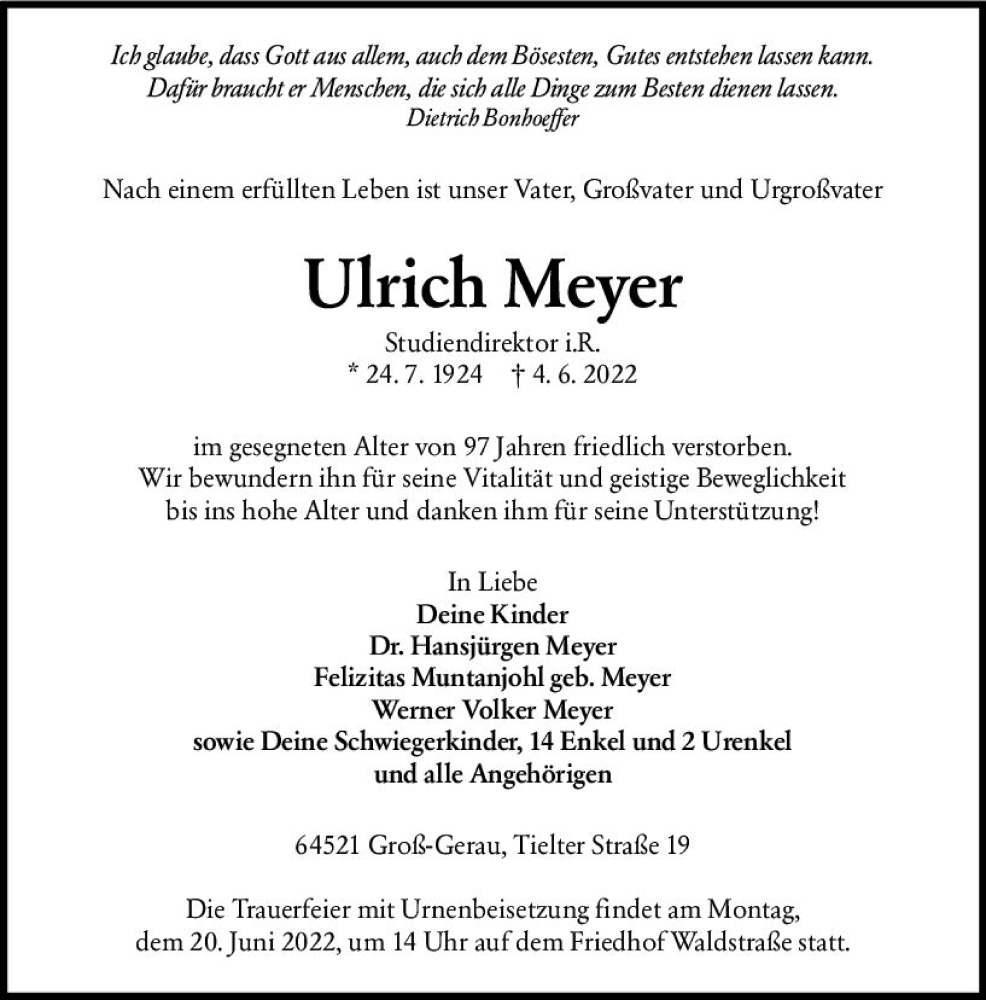  Traueranzeige für Ulrich Meyer vom 18.06.2022 aus vrm-trauer Groß-Gerauer Echo