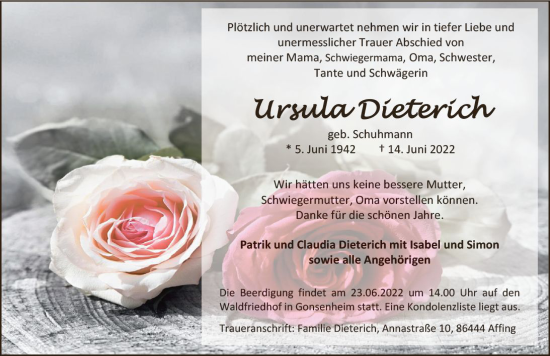 Traueranzeige von Ursula Dieterich von vrm-trauer AZ Mainz