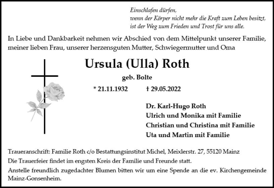 Traueranzeige von Ursula Roth von vrm-trauer AZ Mainz
