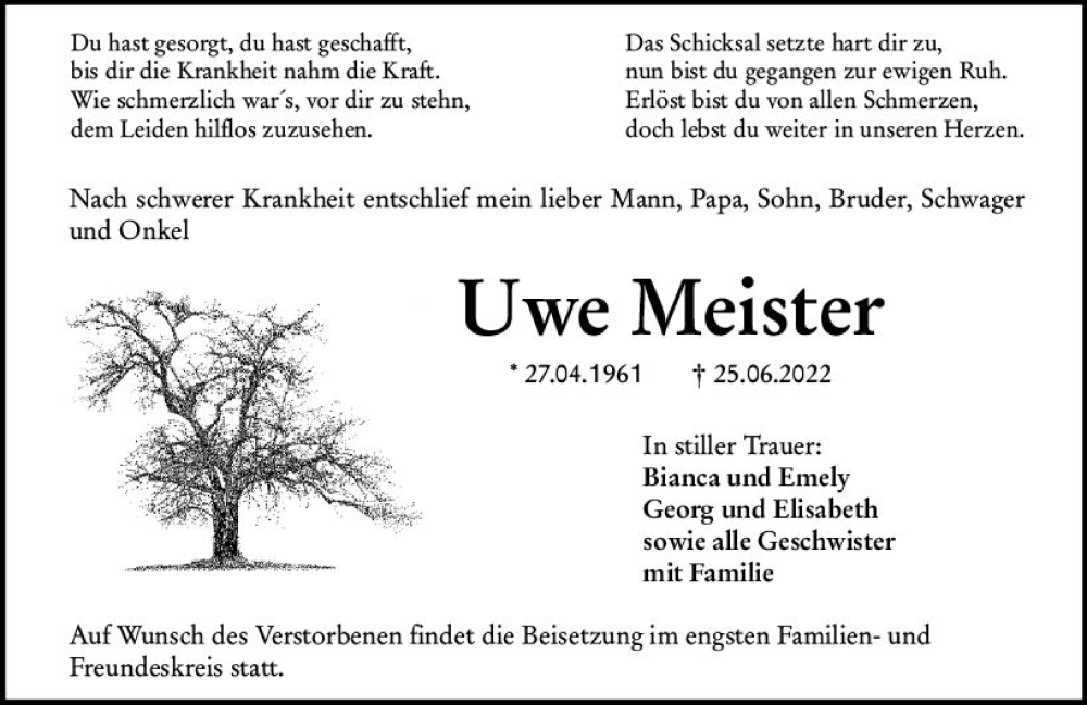  Traueranzeige für Uwe Meister vom 30.06.2022 aus vrm-trauer Odenwälder Echo