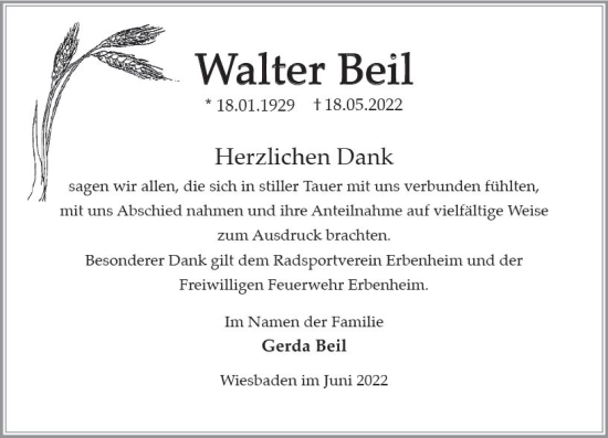 Traueranzeige von Walter Beil von vrm-trauer Wiesbadener Kurier