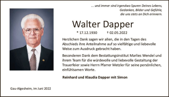 Traueranzeige von Walter Dapper von vrm-trauer Allgemeine  Zeitung Ingelheim-Bingen