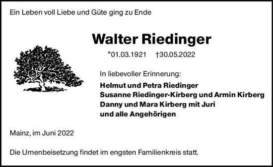 Traueranzeige von Walter Riedinger von vrm-trauer AZ Mainz
