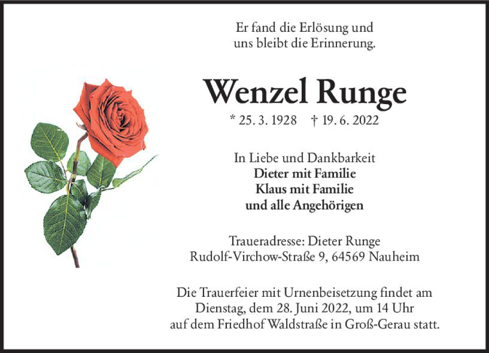  Traueranzeige für Wenzel Runge vom 25.06.2022 aus vrm-trauer Groß-Gerauer Echo