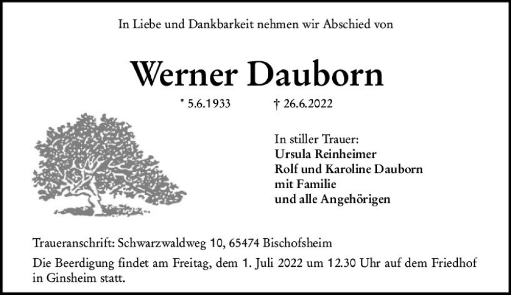  Traueranzeige für Werner Dauborn vom 29.06.2022 aus vrm-trauer Rüsselsheimer Echo / MainSpitze