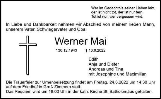 Traueranzeige von Werner Mai von vrm-trauer DieburgerAnzeiger/Groß-Zimmerner Lokala