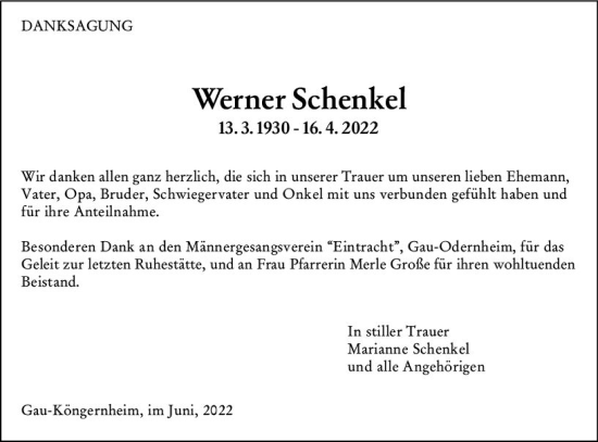 Traueranzeige von Werner Schenkel von vrm-trauer Allgemeine Zeitung Alzey