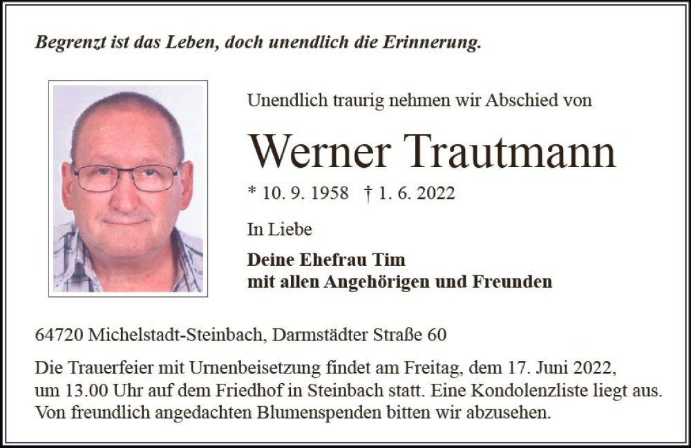  Traueranzeige für Werner Trautmann vom 11.06.2022 aus vrm-trauer Odenwälder Echo