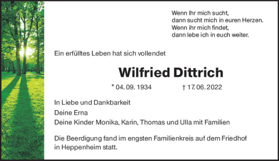 Traueranzeige von Wilfried Dittrich von vrm-trauer Bürstädter/Lamperth. Ztg/Starkenburger