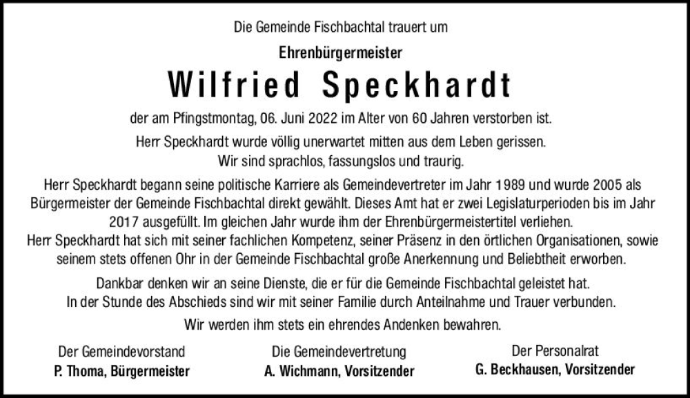  Traueranzeige für Wilfried Speckhardt vom 11.06.2022 aus vrm-trauer Darmstädter Echo