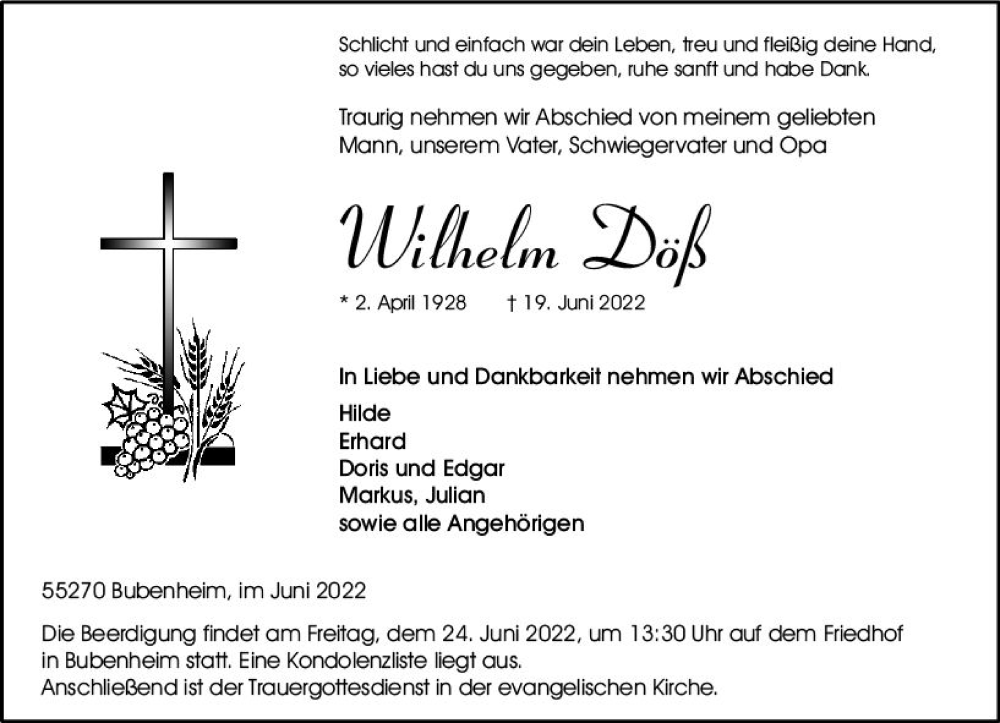 Traueranzeige für Wilhelm Döß vom 21.06.2022 aus vrm-trauer Allgemeine  Zeitung Ingelheim-Bingen