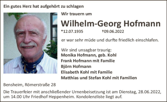 Traueranzeige von Wilhelm-Georg Hofmann von vrm-trauer Bergsträßer Anzeiger