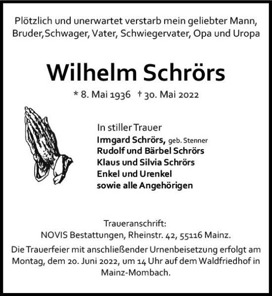 Traueranzeige von Wilhelm Schrörs von vrm-trauer AZ Mainz