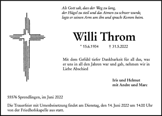 Traueranzeige von Willi Throm von vrm-trauer Allgemeine  Zeitung Ingelheim-Bingen