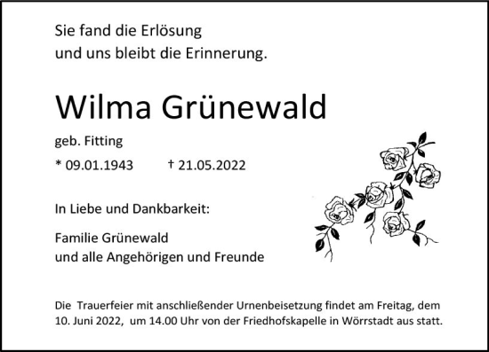 Traueranzeige von Wilma Grünewald von vrm-trauer Allgemeine Zeitung Alzey