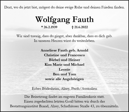 Traueranzeige von Wolfgang Fauth von vrm-trauer Allgemeine Zeitung Alzey