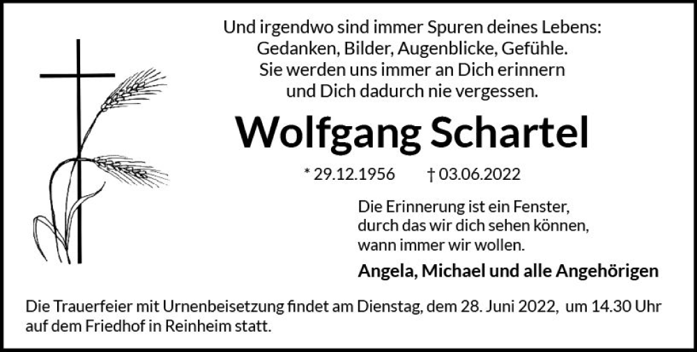  Traueranzeige für Wolfgang Schartel vom 25.06.2022 aus vrm-trauer Darmstädter Echo