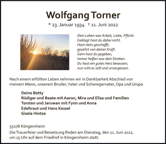 Traueranzeige von Wolfgang Torner von vrm-trauer AZ Mainz