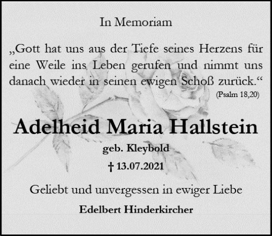 Traueranzeige von Adelheid Maria Hallstein von vrm-trauer Allgemeine Zeitung Alzey