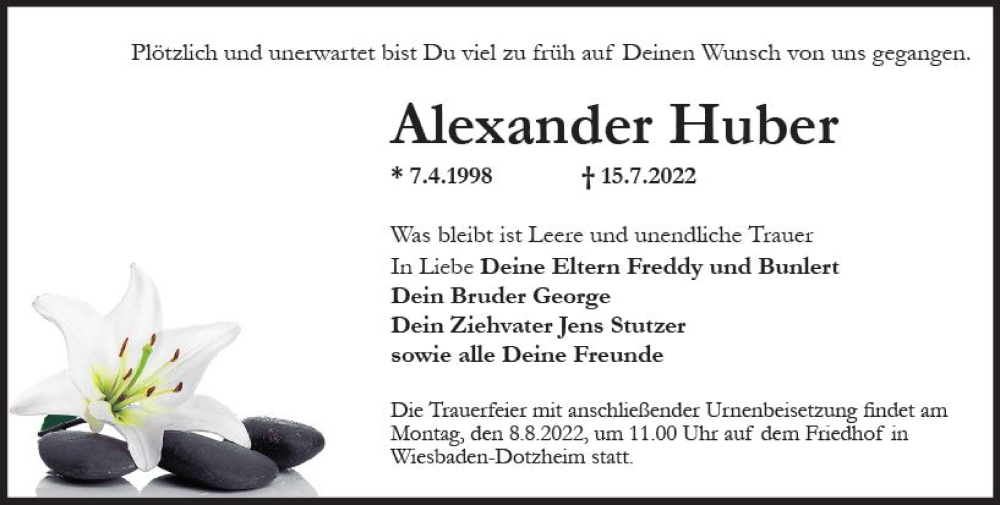  Traueranzeige für Alexander Huber vom 30.07.2022 aus vrm-trauer Wiesbadener Kurier