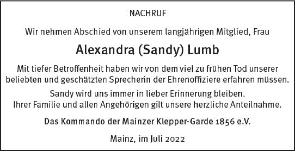  Traueranzeige für Alexandra Lumb vom 09.07.2022 aus vrm-trauer AZ Mainz