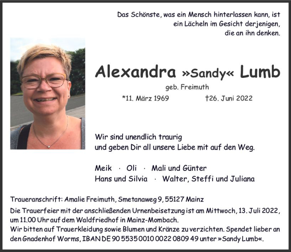  Traueranzeige für Alexandra Lumb vom 02.07.2022 aus vrm-trauer AZ Mainz