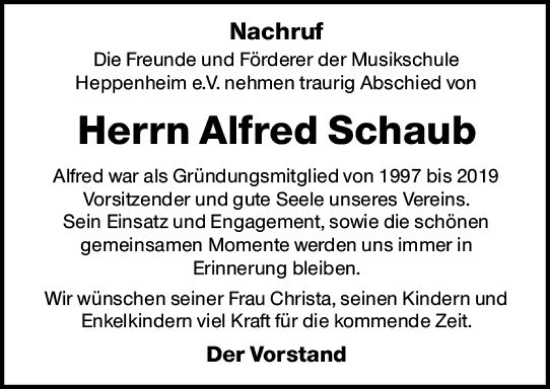 Traueranzeige von Alfred Schaub von vrm-trauer Bürstädter/Lamperth. Ztg/Starkenburger
