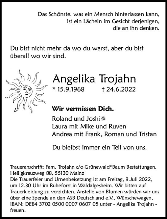 Traueranzeige von Angelika Trojahn von vrm-trauer AZ Mainz