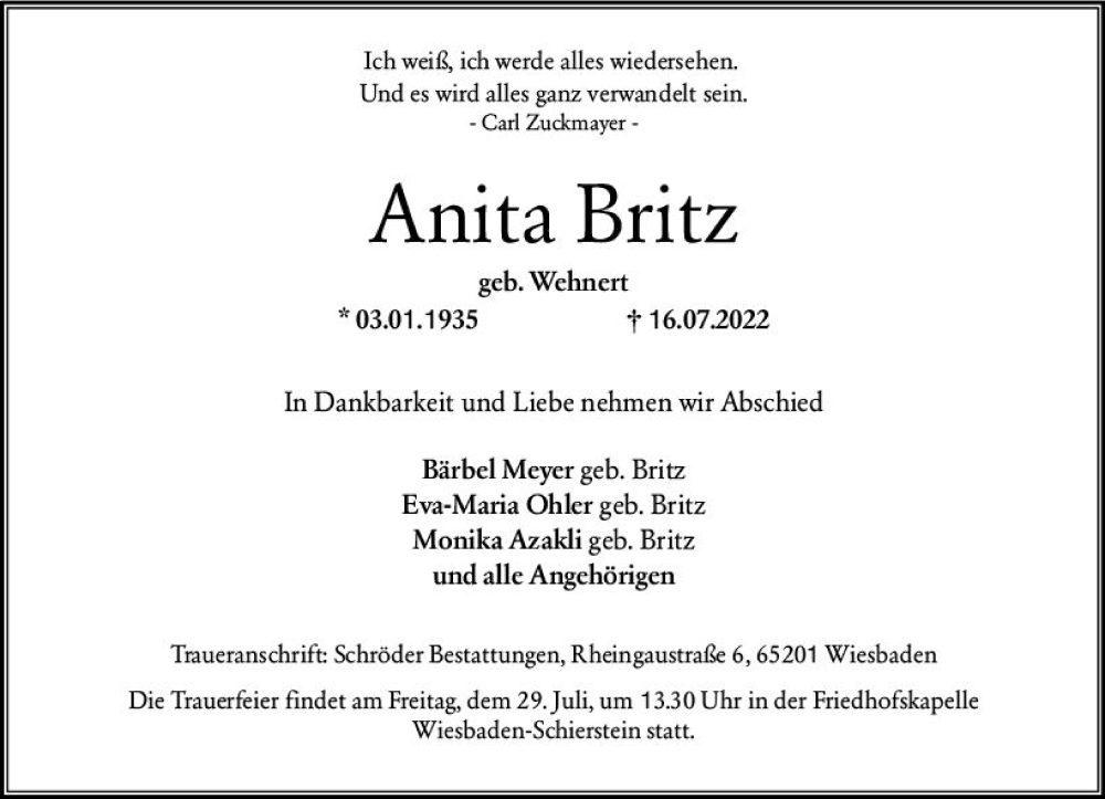  Traueranzeige für Anita Britz vom 23.07.2022 aus vrm-trauer Wiesbadener Kurier