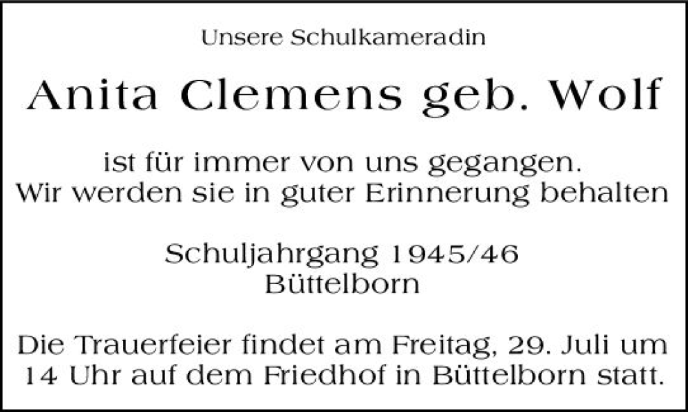  Traueranzeige für Anita Clemens vom 27.07.2022 aus vrm-trauer Groß-Gerauer Echo