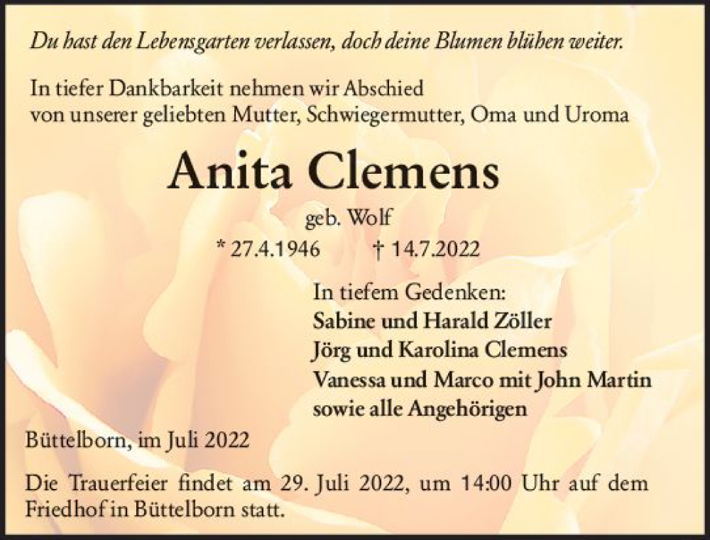  Traueranzeige für Anita Clemens vom 23.07.2022 aus vrm-trauer Groß-Gerauer Echo