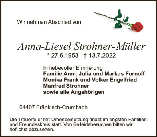 Traueranzeige von Anna-Liesel Strohner-Müller von vrm-trauer Odenwälder Echo