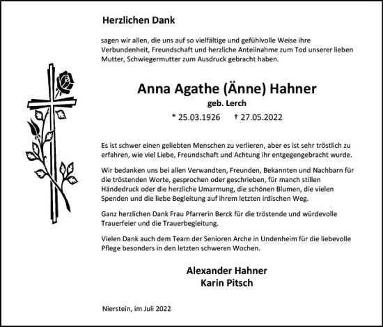 Traueranzeige von Anna Agathe Hahner von vrm-trauer AZ Mainz