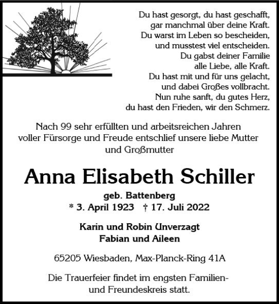 Traueranzeige von Anna Elisabeth Schiller von vrm-trauer Wiesbadener Kurier