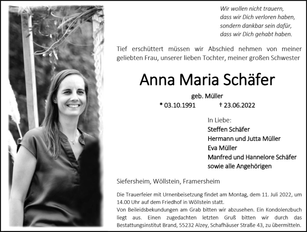  Traueranzeige für Anna Maria Schäfer vom 02.07.2022 aus vrm-trauer Allg. Zeitung Bad Kreuznach