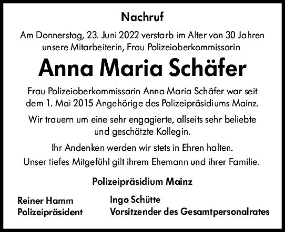  Traueranzeige für Anna Maria Schäfer vom 09.07.2022 aus vrm-trauer Allgemeine Zeitung Alzey