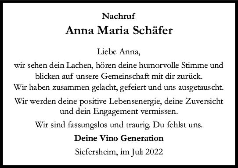  Traueranzeige für Anna Maria Schäfer vom 02.07.2022 aus vrm-trauer Allgemeine Zeitung Alzey