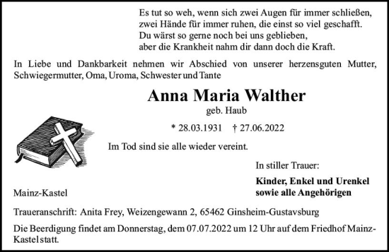 Traueranzeige von Anna Maria Walther von vrm-trauer AZ Mainz