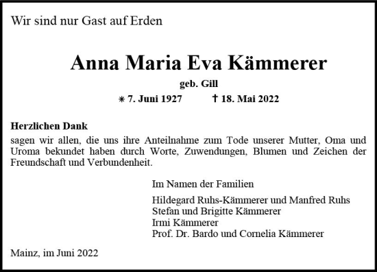 Traueranzeige von Anna Maria Eva Kämmerer von vrm-trauer AZ Mainz