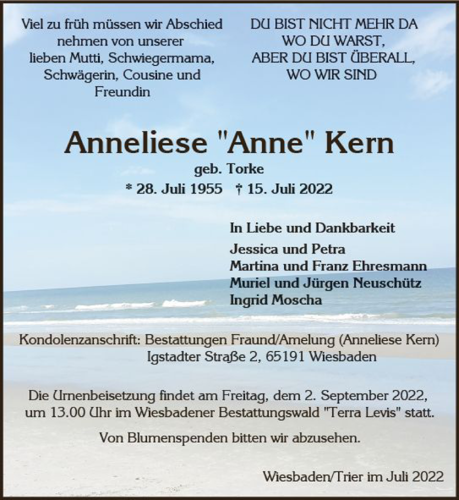  Traueranzeige für Anneliese Kern vom 30.07.2022 aus vrm-trauer Wiesbadener Kurier
