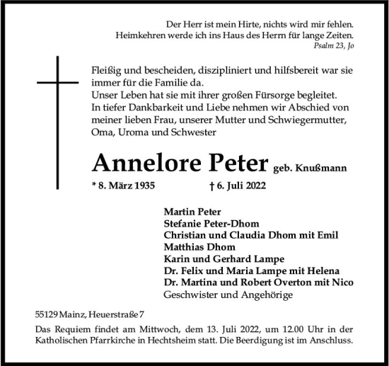 Traueranzeige von Annelore Peter von vrm-trauer AZ Mainz