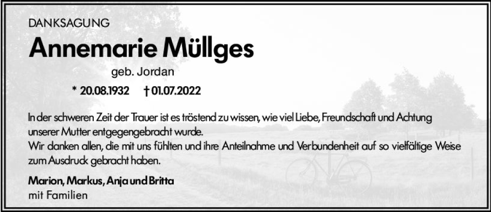  Traueranzeige für Annemarie Müllges vom 30.07.2022 aus vrm-trauer AZ Mainz