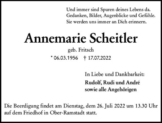 Traueranzeige von Annemarie Scheitler von vrm-trauer Darmstädter Echo