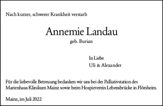 Traueranzeige von Annemie Landau von vrm-trauer AZ Mainz